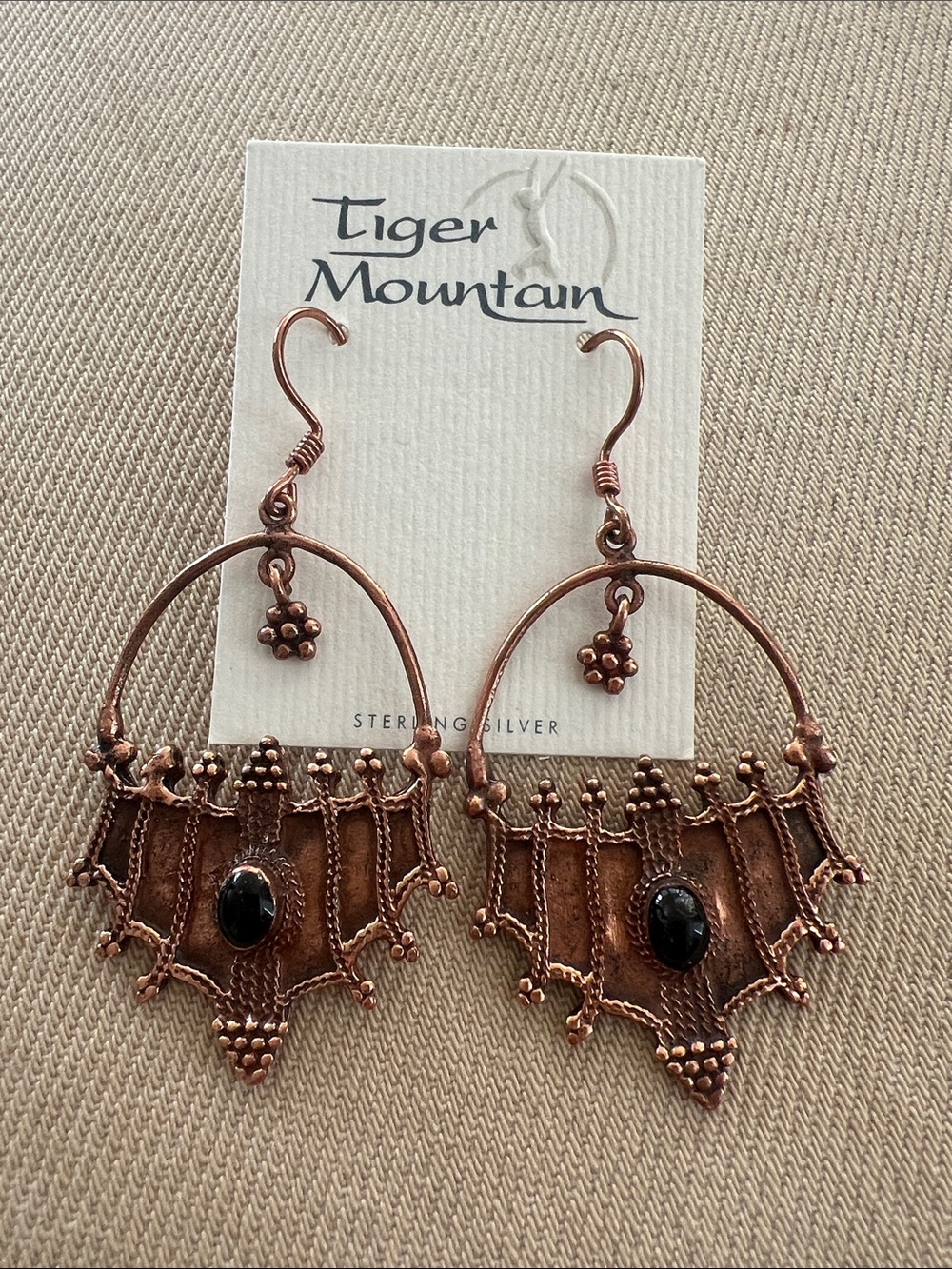 Copper Hoop Earrings with Black Stone